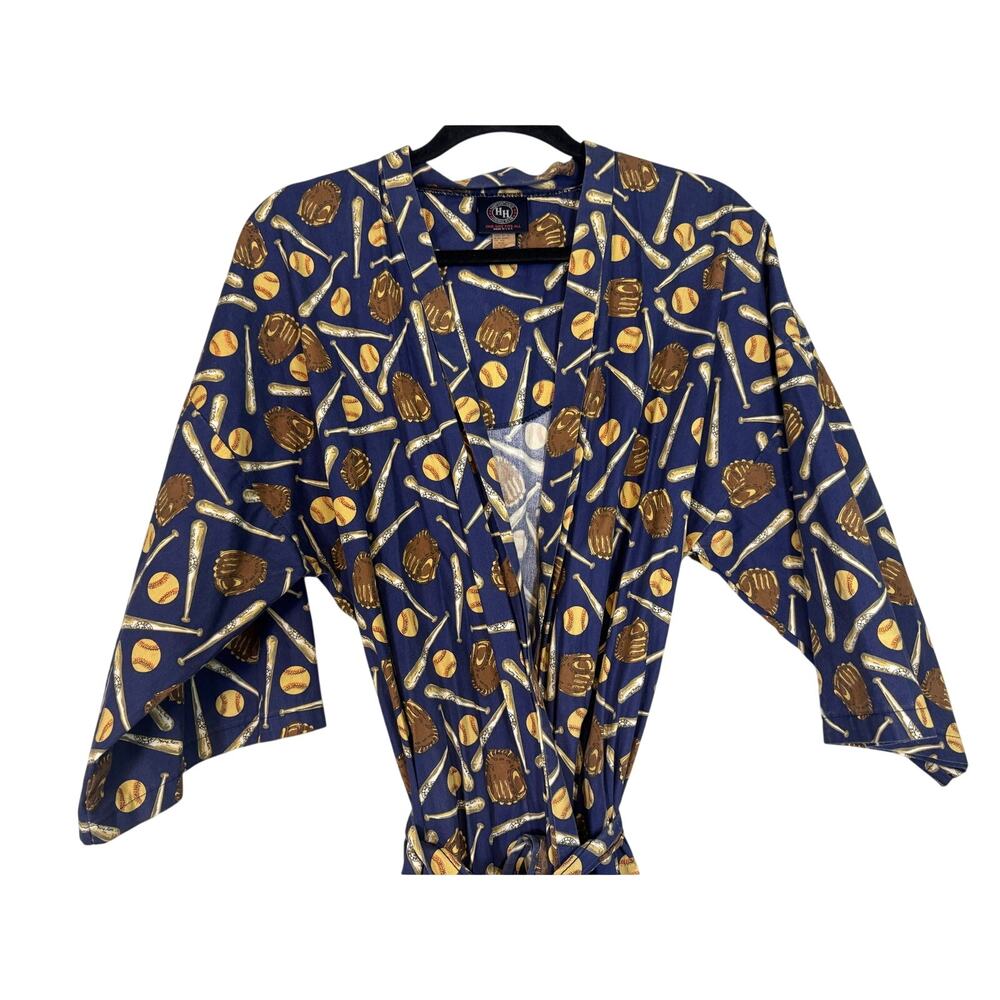 Vintage Baseball Print Robe Belted Blue One Size Unisex Mens Womens 100% Cotton